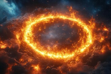 Fototapeta premium mesmerizing ring of fire against a starry night sky intense orange flames forming a perfect circle embers spiraling outwards creating a powerful and mystical atmosphere