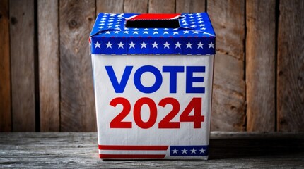 Blue and red cardboard box with the word vote 2024, concept of elections and politics.