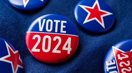 Blue and red button with stars, with the words vote 2024, concept of elections and politics.