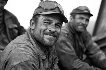 Obraz premium A smiling miner covered in dirt takes a moment to rest with his colleagues, still in work clothes, reflecting a sense of camaraderie and resilience after a hard day's work.