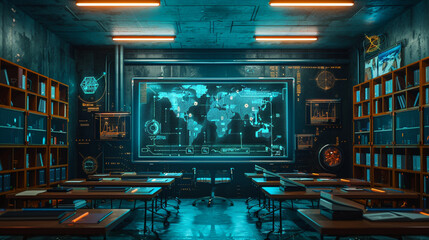 Obraz premium Digital classroom with AI-assisted teaching tools, advanced education technology, modern learning environment