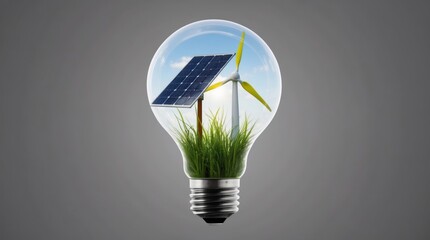 Wind turbine, solar panel and grass inside light bulb, renewable energy concept, wind power and solar energy, gray background.
