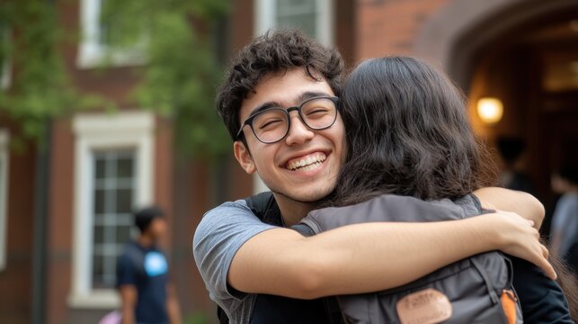 Tender Farewell - Emotional Student Hugging Family at Dorm Entrance Before Parting Ways