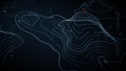 Futuristic holographic terrain topology head-up screen display, offering advanced tactical navigation and real-time environmental data