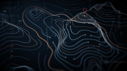 Futuristic holographic terrain topology head-up screen display, offering advanced tactical navigation and real-time environmental data