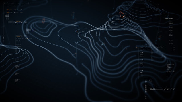 Futuristic holographic terrain topology head-up screen display, offering advanced tactical navigation and real-time environmental data