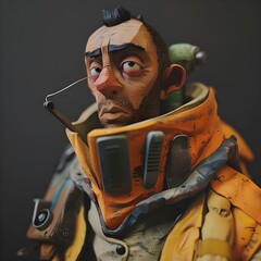 A rugged animated male character in a spacesuit, looking intently to the side with a serious expression.