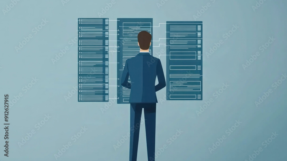 Poster a man in a suit is looking at a computer screen with three monitors. concept of focus and concentrat