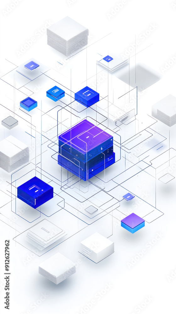 Poster A computer network is shown in a complex web of blue and white cubes. The cubes are connected to each other in a way that resembles a spider web. Concept of a complex and intricate system