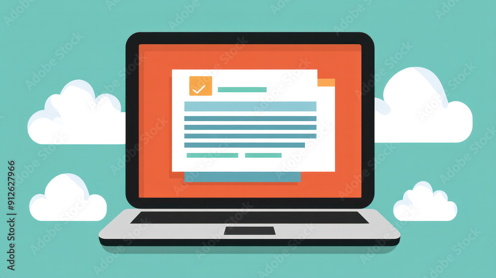 Poster a laptop screen with a document open and a check mark on it. the document is titled 