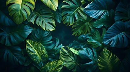 Fototapeta premium Tropical green leaves dark theme background, creates a mysterious and magical atmosphere, surrounded by lush green trees. This design is perfect for social media posts, graphics or digital art.