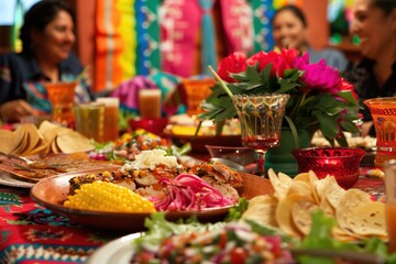 A vibrant gathering featuring traditional hispanic cuisine and celebration within a colorful setting