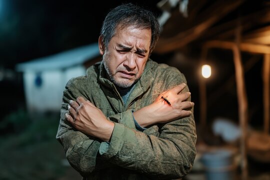 A man outdoors at night, visibly distressed, cradles his hand which has a large red bug bite, capturing a moment of discomfort and the rawness of human vulnerability.