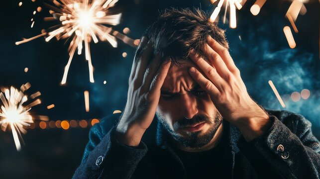 A man holding his head in pain, appearing to have a headache, with fireworks exploding in the background. Captures the discomfort and stress that can accompany loud celebrations like New Year's Eve