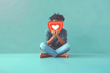 A young man sitting cross-legged on the floor, holding up a large red heart symbol with a white heart in the center, obscuring his face. 
