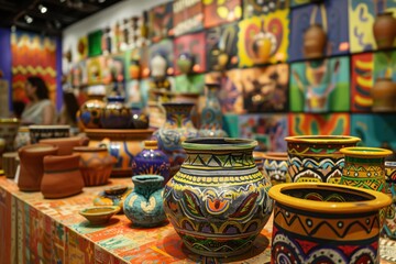 Traditional hispanic arts and crafts display featuring colorful pottery and textiles in a vibrant showcase
