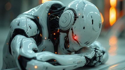 Fototapeta premium A futuristic humanoid robot rests its head on a table, expressing a state of sadness and loneliness in a high-tech environment.