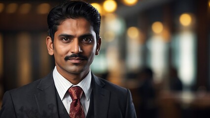 Fototapeta premium Confident man in a suit poses for a corporate networking occasion