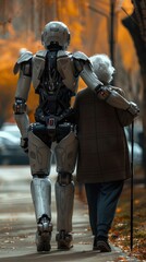 Humanoid robot assisting an elderly woman with a cane as they walk together on an autumn street.