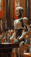 A humanoid robot giving a speech in parliament, addressing an audience of officials during a governmental session.