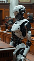 Fototapeta premium A humanoid robot stands in a courtroom during a legal proceeding, with people engaged in legal activities in the background.