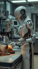 A futuristic robot veterinarian is examining a dog in an advanced veterinary clinic equipped with high-tech medical devices.