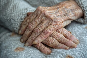 Fototapeta premium Close up of wrinkled hands of an elderly woman resting on her lap