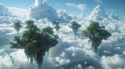 Airborne ecosystem, floating islands of diverse biomes, 