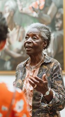 Obraz premium An elderly woman passionately shares her insights with an engaged listener in a vibrant art gallery