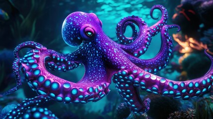 Bioluminescent 3D Octopus with Glowing Tentacles in Underwater Scene - Vibrant Marine Life Illustration