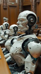 Robots serving as jurors in a courtroom setting, representing the intersection of law and advanced technology.
