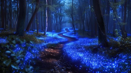 Bioluminescent forest at night, glowing flora and fauna, 