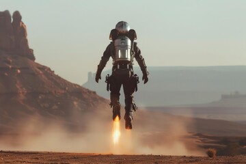 Astronaut wearing a jetpack is hovering over a martian like landscape