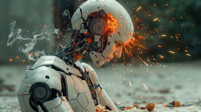 Futuristic robot experiencing a head explosion with sparks and smoke due to an overload or malfunction in a high-tech environment.