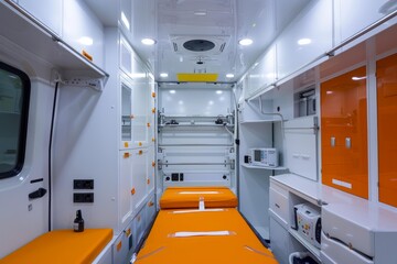Modern ambulance interior featuring an empty stretcher and various medical equipment
