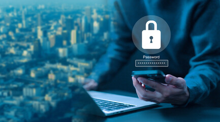 secure data from crime. lock mark cybersecurity internet, protect attacks from a hacker. concept of password privacy on an online system, virus cyber. cyber security technology digital information.