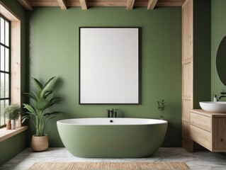 blank poster frame, rustic villa bathroom interior background, Citron Green wall background