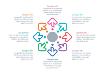 colorful arrows information template. eight steps infographic template. Infographic template for magazine, annual report, catalog. Informational template for business, science world