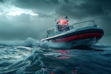 Naklejka premium Rescue boat sailing fast on rough sea during a storm with dark clouds