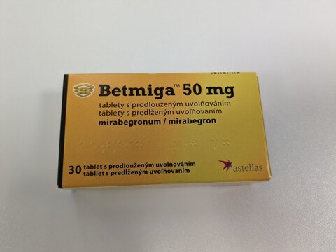 Prague,Czech Republic-August 7 2024: BETMIGA box of medication with MIRABEGRON active substance by ASTELLAS,used for treatment of overactive bladder