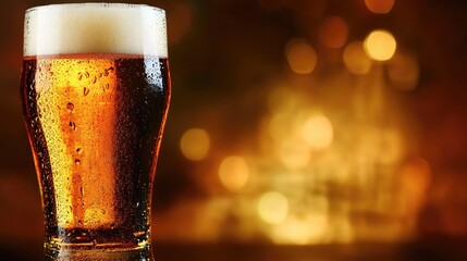 A refreshing glass of amber beer, frothy and chilled, set against a bokeh background that enhances its golden hue.