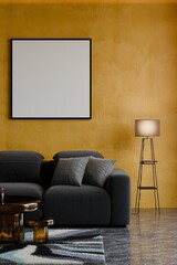 A modern living room with a black sofa with empty photo frame mockup