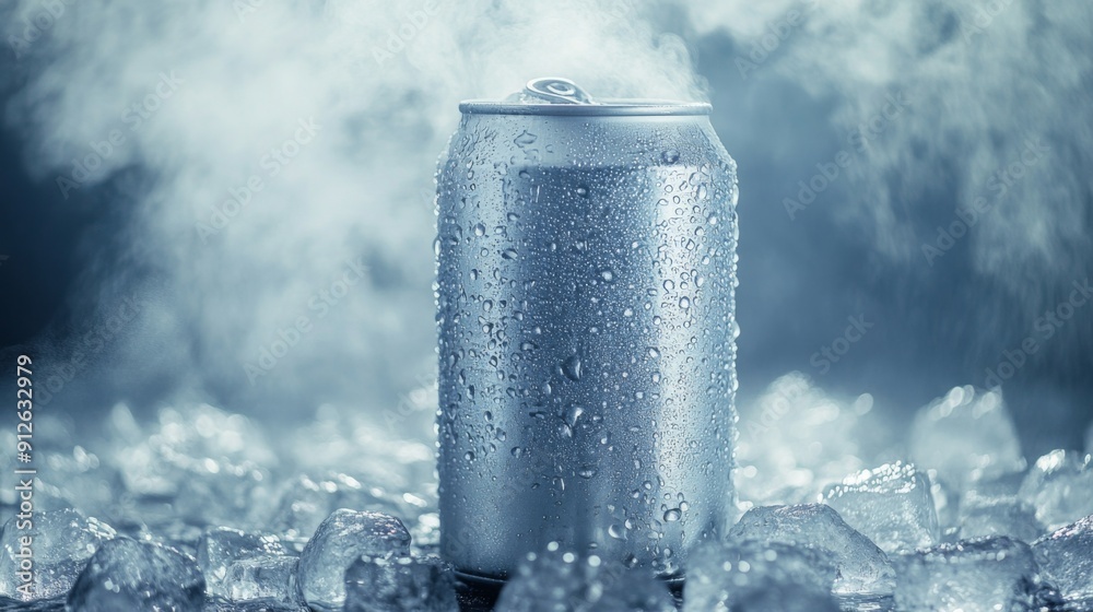 Poster chilled can of drink among ice cubes, with cold mist rising, creating a visually refreshing and cool