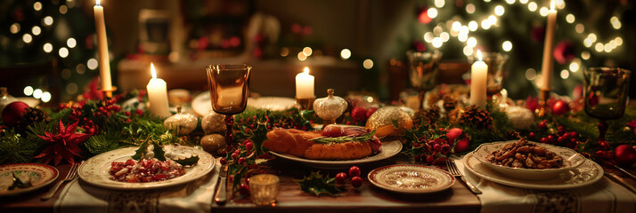 decorated dinner table, food, in the celebration of christmas and new year, concept of Christmas and new year