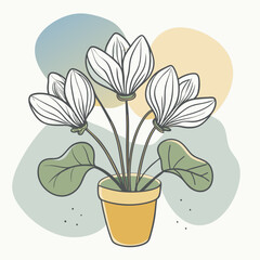 An illustration of a stylized flower on abstract background shapes in soft pastel colors. The style is  modern and minimalistic, with a clean and simple design.
