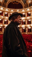 Obraz premium An elderly man gazes thoughtfully in a historic theater filled with red seating