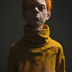 An eerie animated character with a somber expression, wearing a turtleneck sweater, depicted in a shadowy light.