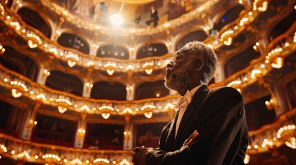 An elderly gentleman admires a captivating performance in a beautifully decorated historic theatre filled with lights