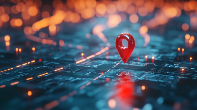 Close-up of a red map pin on a futuristic smart city road with transparent surfaces.