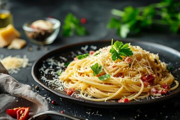 Spaghetti alla carbonara on dark background 